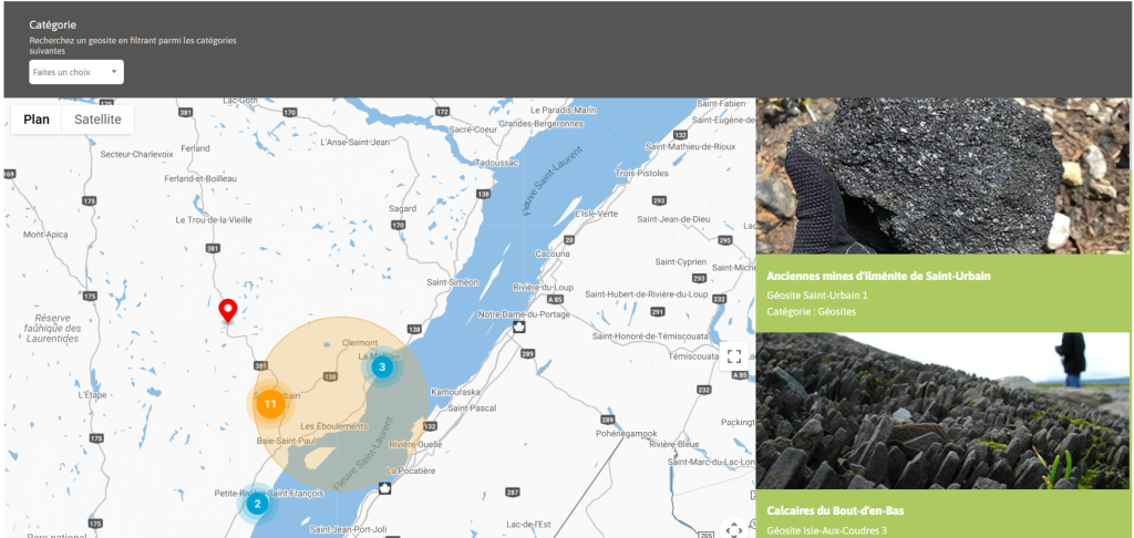 Capture d'écran de la carte interactive du site web du Géoparc de Charlevoix