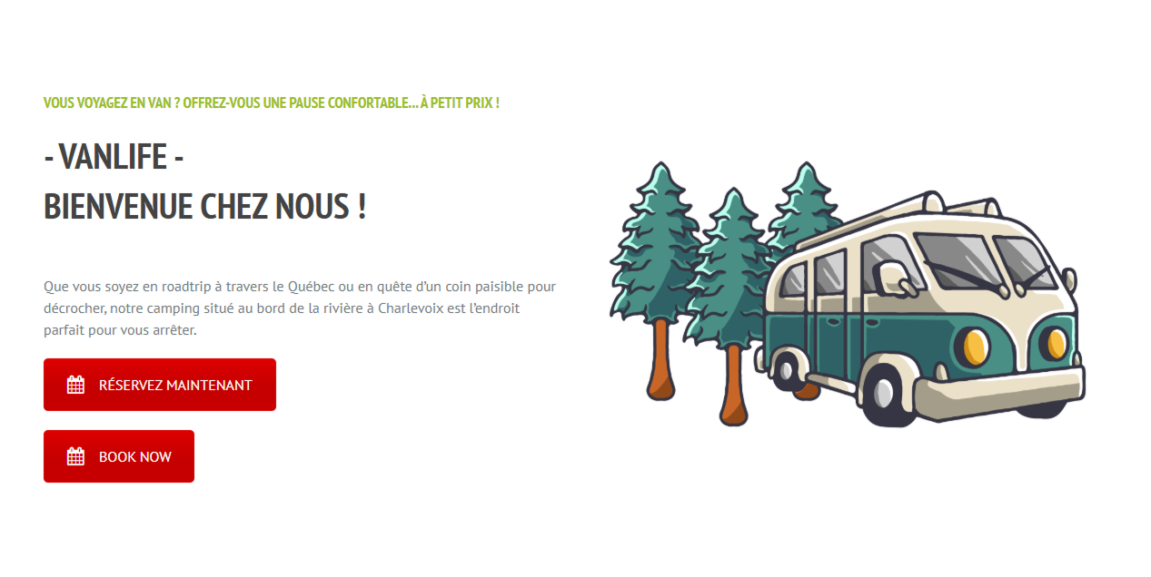 Capture de la page VanLife du site du Camping du bord de la rivière