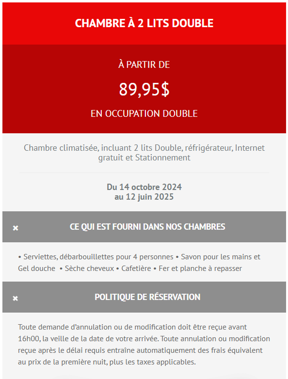 Capture des informations sur les chambres sur le site web du Camping du bord de la rivière